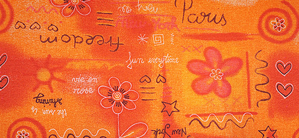 Rehastoff mit Blumen und Schrift orange kaschiert